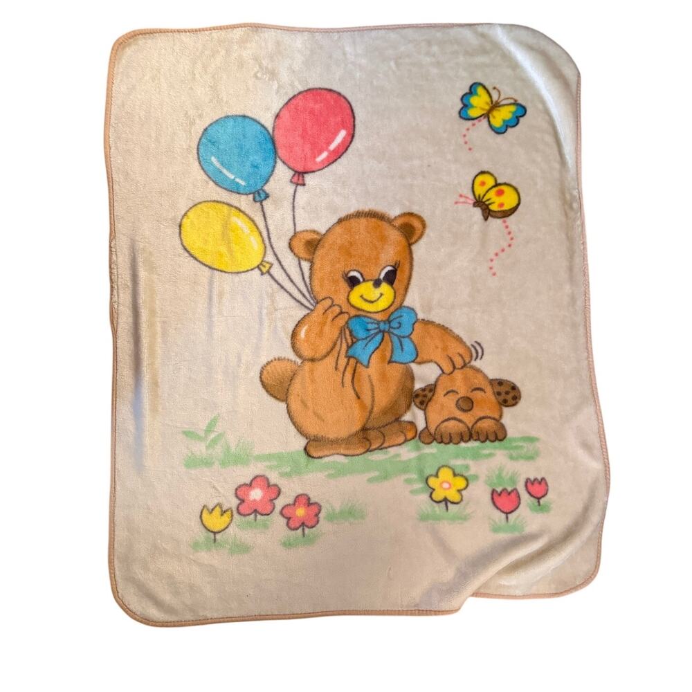 VTG Plush MINKY Blanket Bear Balloons Puppy Butterflies Flowers Tan Apple Star